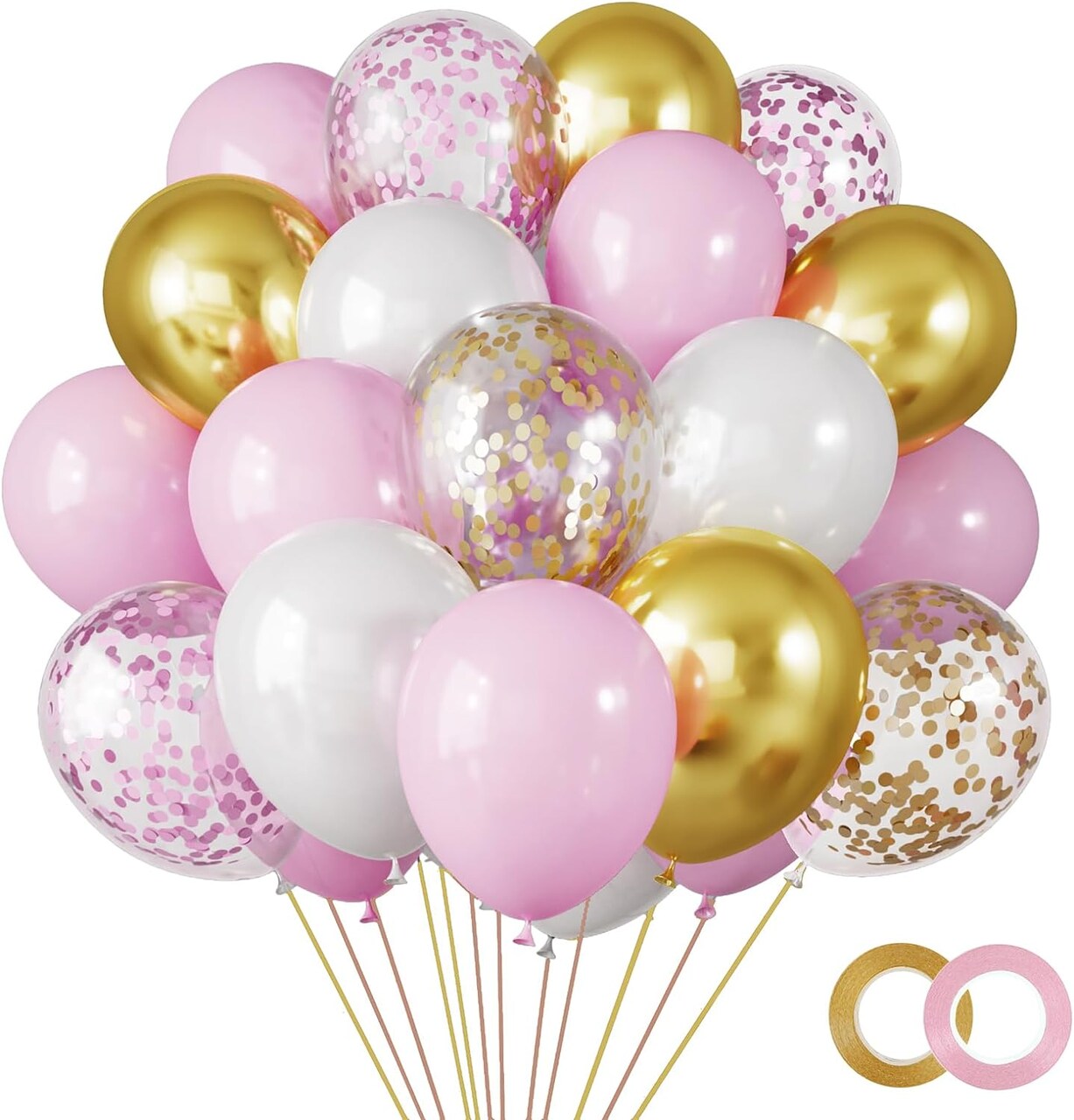 65pcs 12 Inch Pink Balloons Kit, Pink White Gold Confetti Party Balloons with Ribbons for Valentine's Day, Birthday, Wedding, Baby Shower, Graduation Decorations